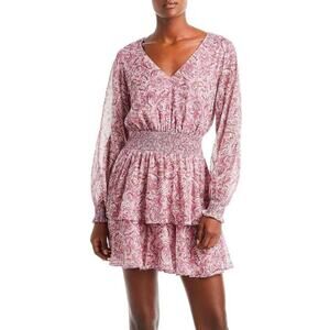 Aqua Pink Metallic Paisley Ruffle Mini Dress L Boho Romantic Cottagecore